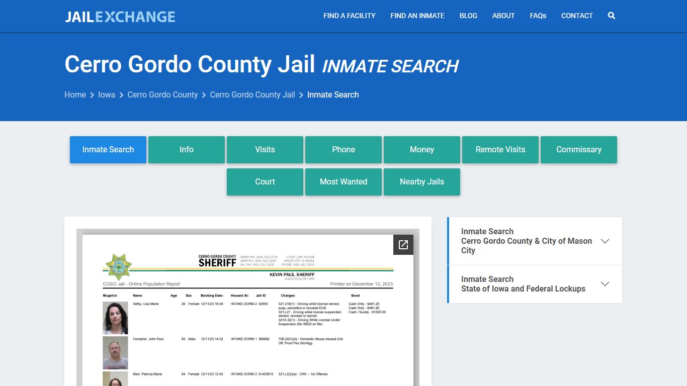 Inmate Search: Roster & Mugshots - Cerro Gordo County Jail, IA